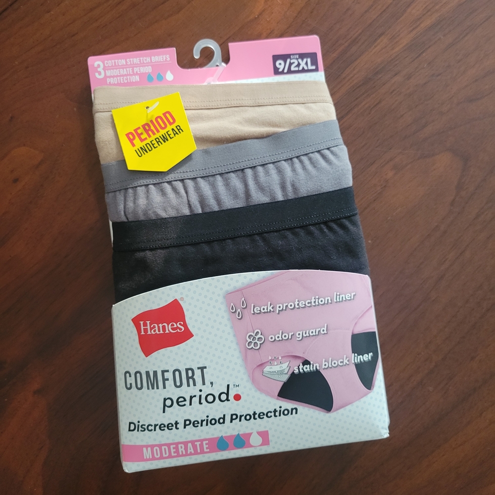 Hanes Women's Period Underwear Briefs - Black, Gray, Tan NIB Size 9/2XL